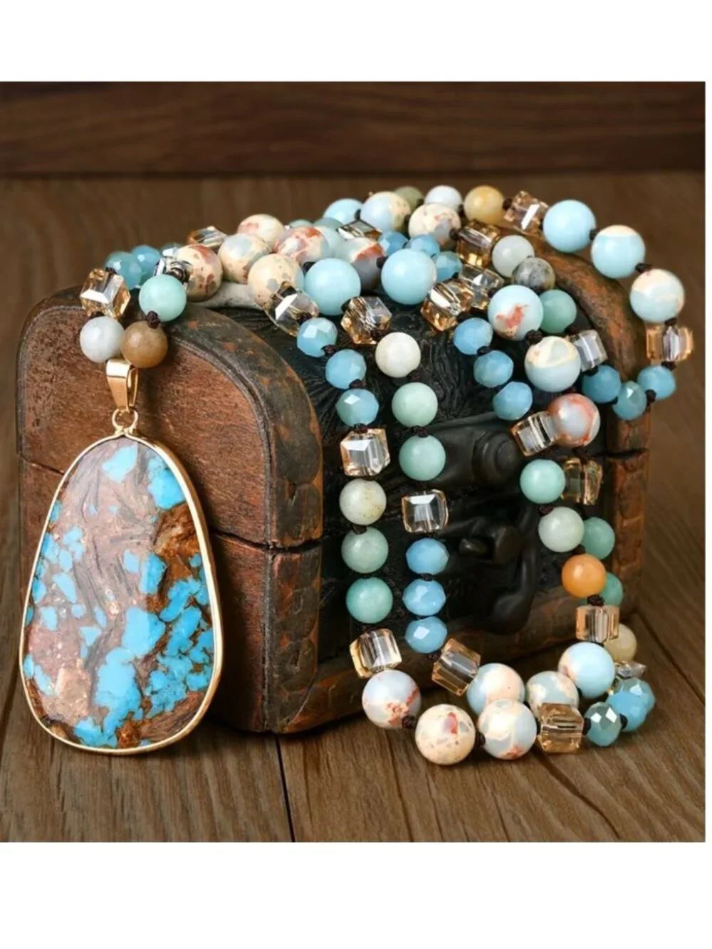 NWT Boho Larimar Inlay Teardrop Pendant Beaded Long Necklace KC Gold Plated
